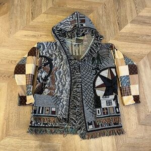Sold - Womans large tapestry blanket hooded coat - Sea themed tapestry sweater